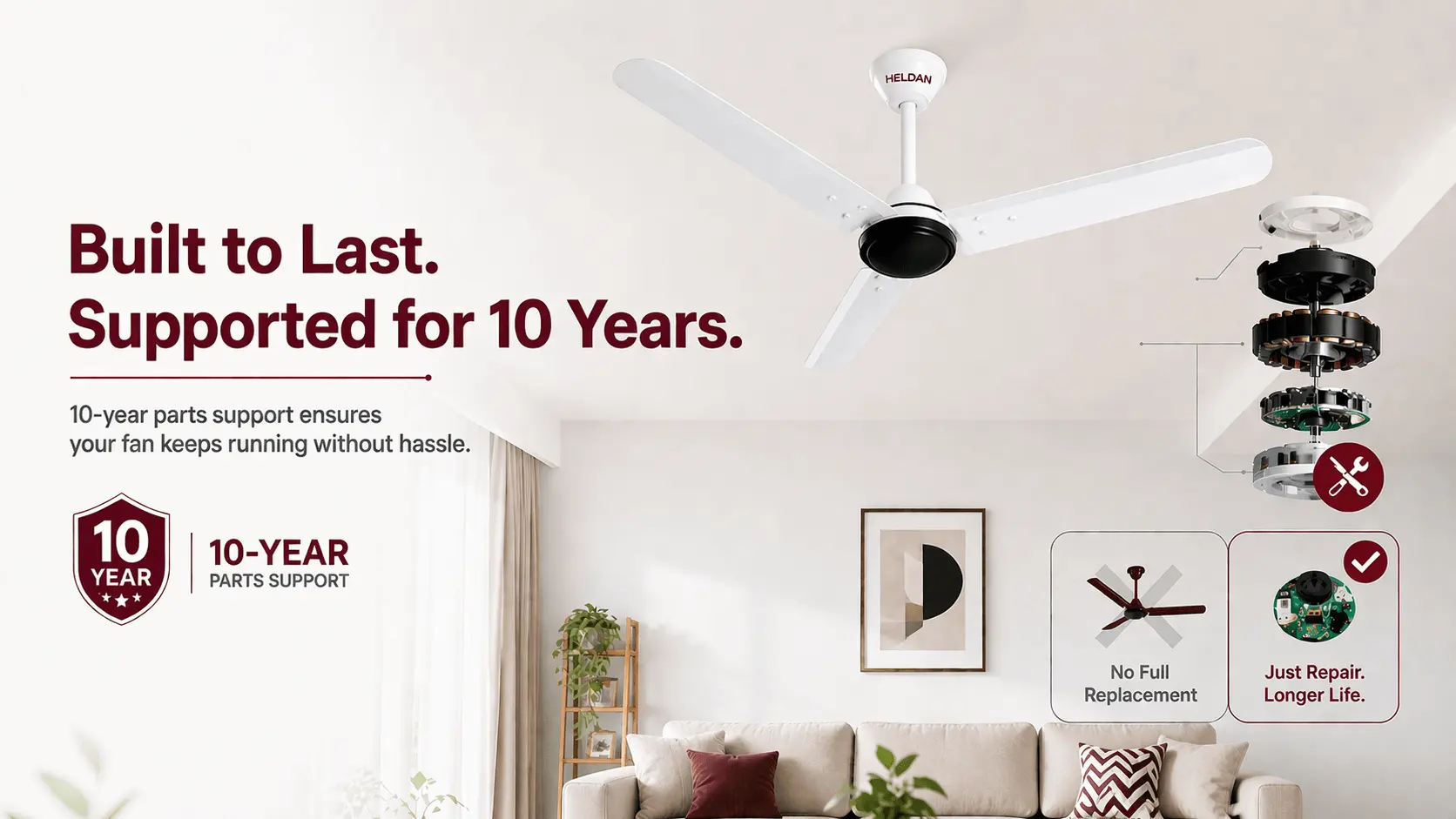 BLDC ceiling fan with 10-year parts availability guarantee and repairable design for long-term use
