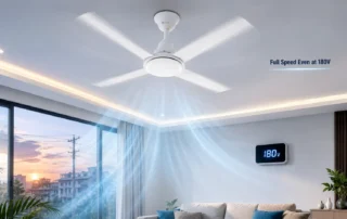 BLDC ceiling fan running at full speed at 180V low voltage in an Indian home with strong airflow and energy-efficient cooling