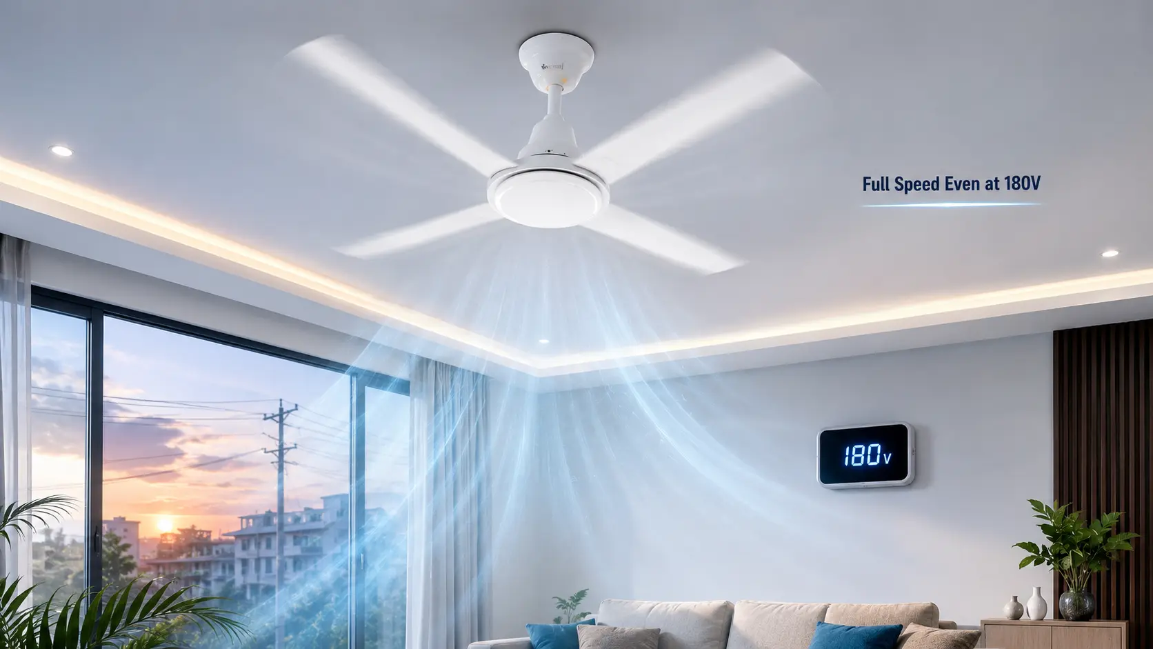 BLDC-fan-for-low-voltage BLDC ceiling fan running at full speed at 180V low voltage in an Indian home with strong airflow and energy-efficient cooling