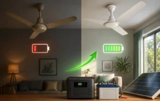 BLDC ceiling fan for solar and inverter homes showing longer battery backup and lower power consumption compared to a traditional ceiling fan