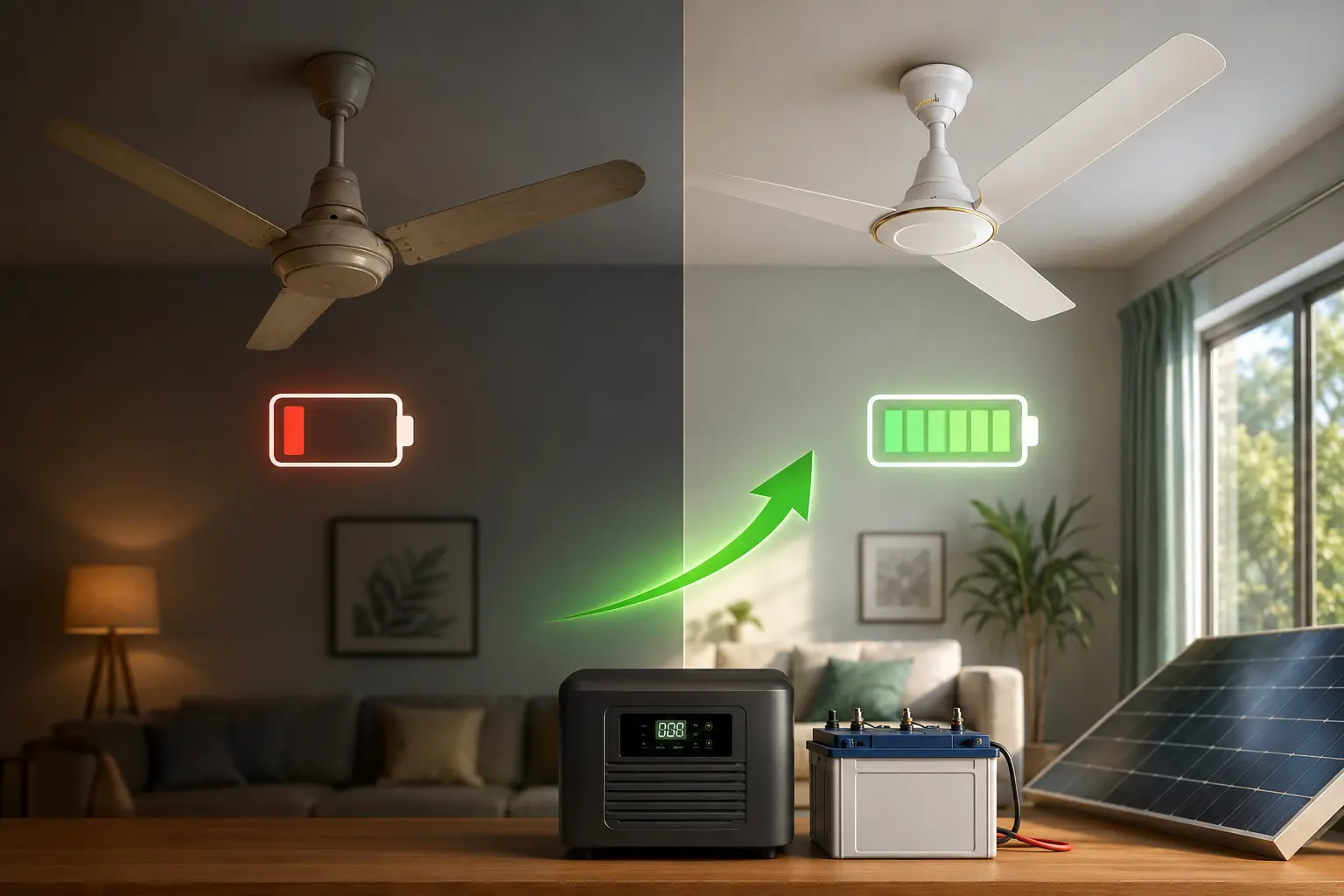BLDC ceiling fan for solar and inverter homes showing longer battery backup and lower power consumption compared to a traditional ceiling fan
